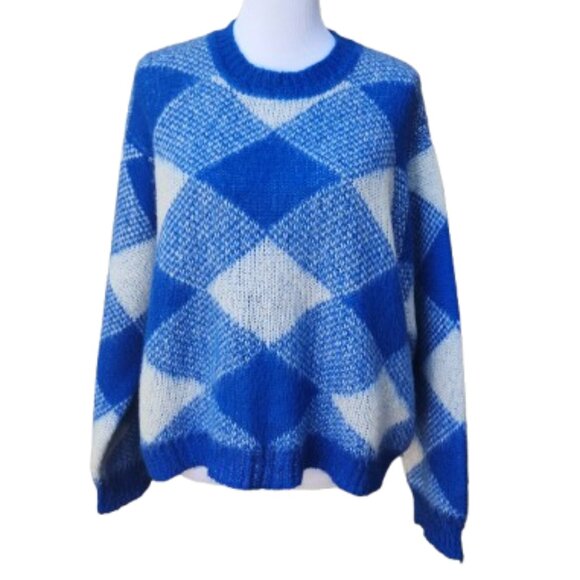 Sandro Plaid Crewneck Sweater Blue White Made in Italy - Picture 2 of 15